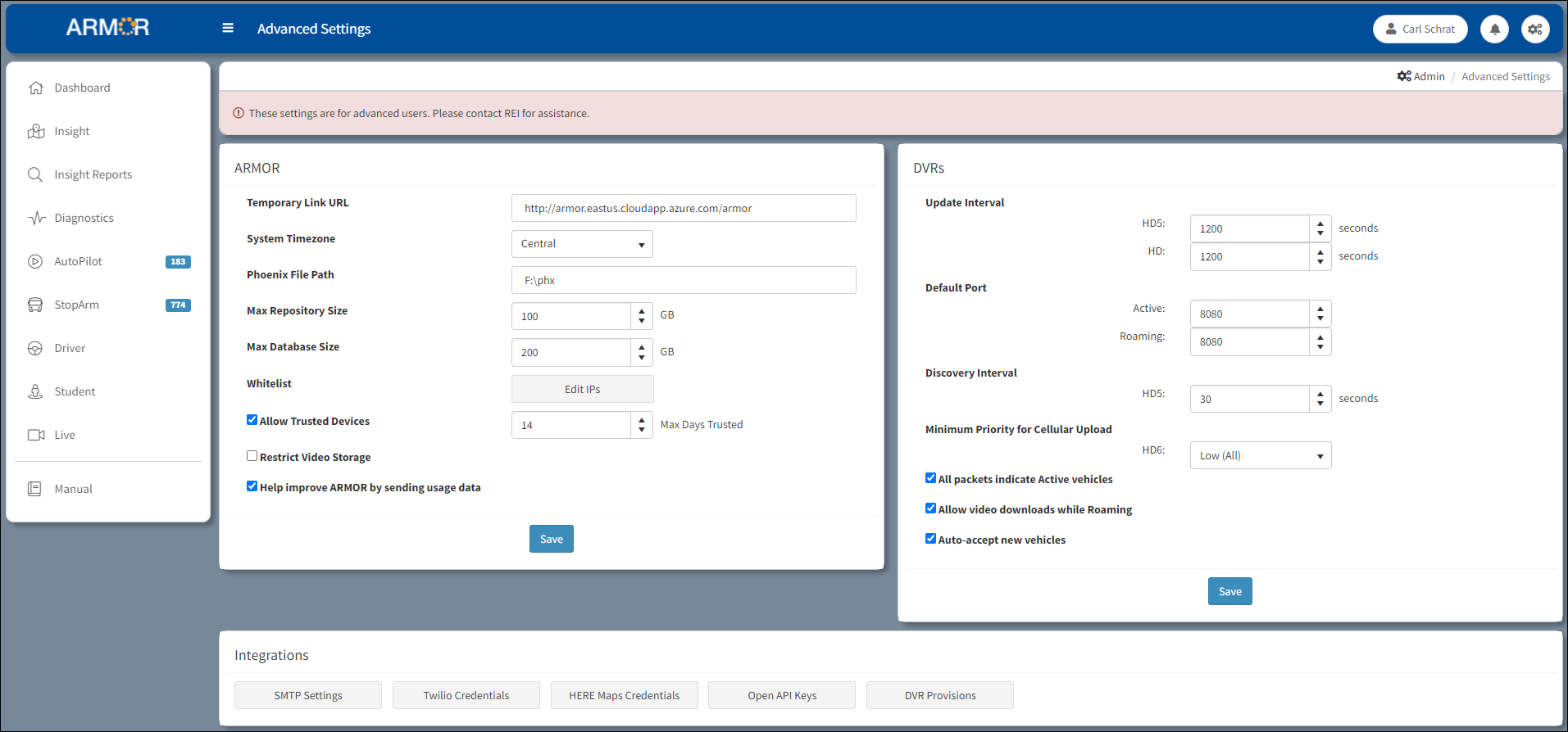 Advanced Settings On-Premise Install View