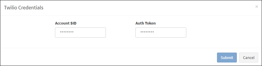 Twilio Credentials Dialog Box