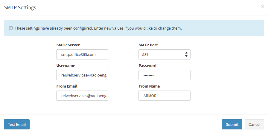 SMTP Settings Dialog Box