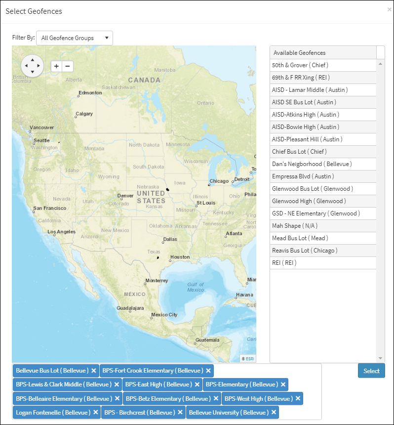 Select Geofences Window