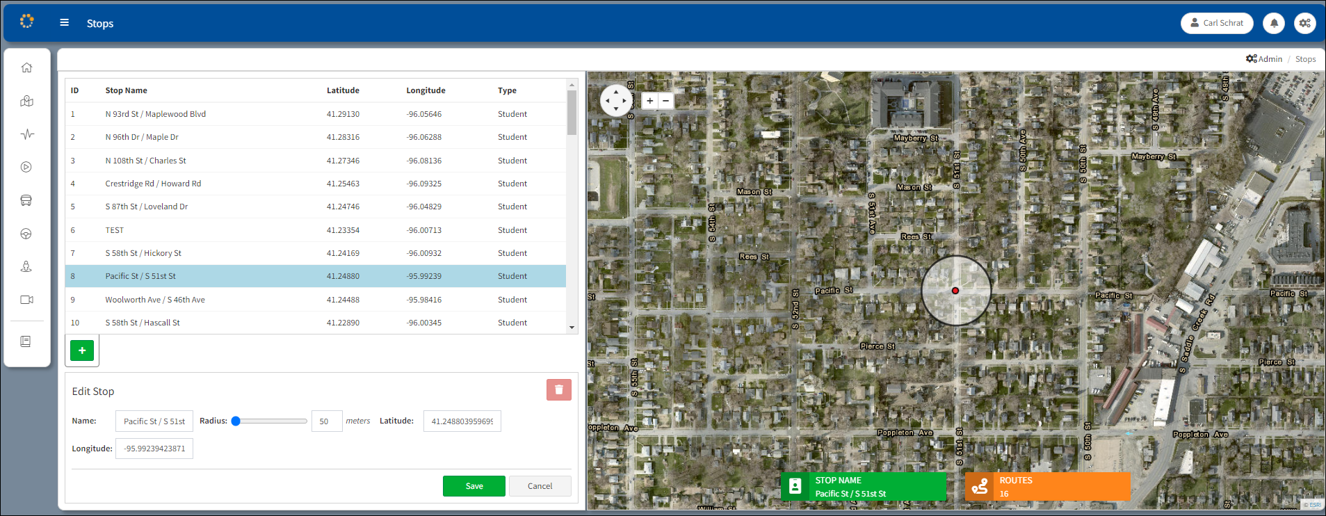 Expanded View with Stop Identified on Map