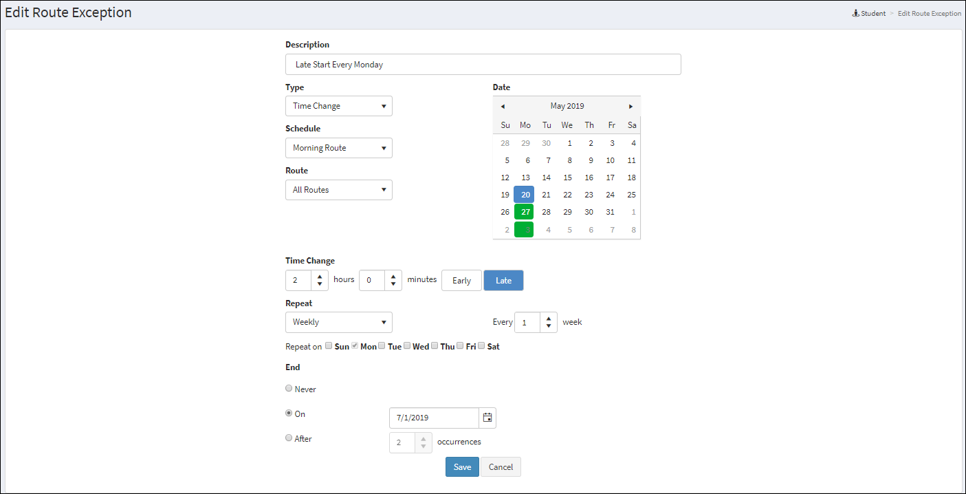 Edit Route Exception Dialog Box