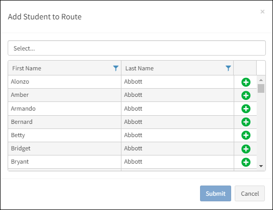 Add Student to Route Dialog Box