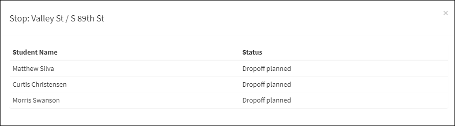 List of Students with Dropoff Planned at Selected Stop