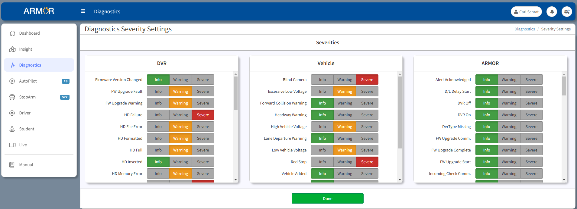 Diagnostics Severity Settings Window