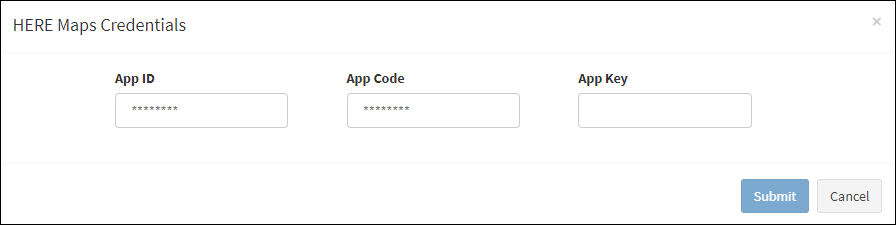 HERE Maps Credentials Dialog Box