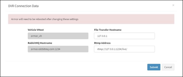 DVR Connection Data Dialog Box On-Premise Install View