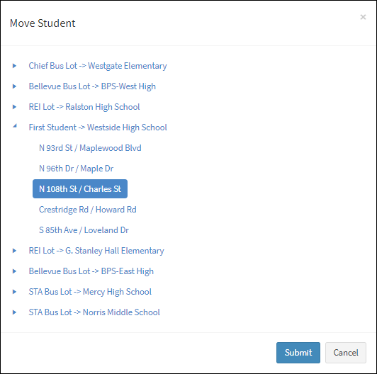 Selecting a New Route and Stop for Student