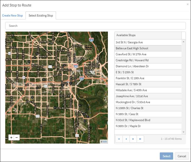 Select Existing Stop Tab