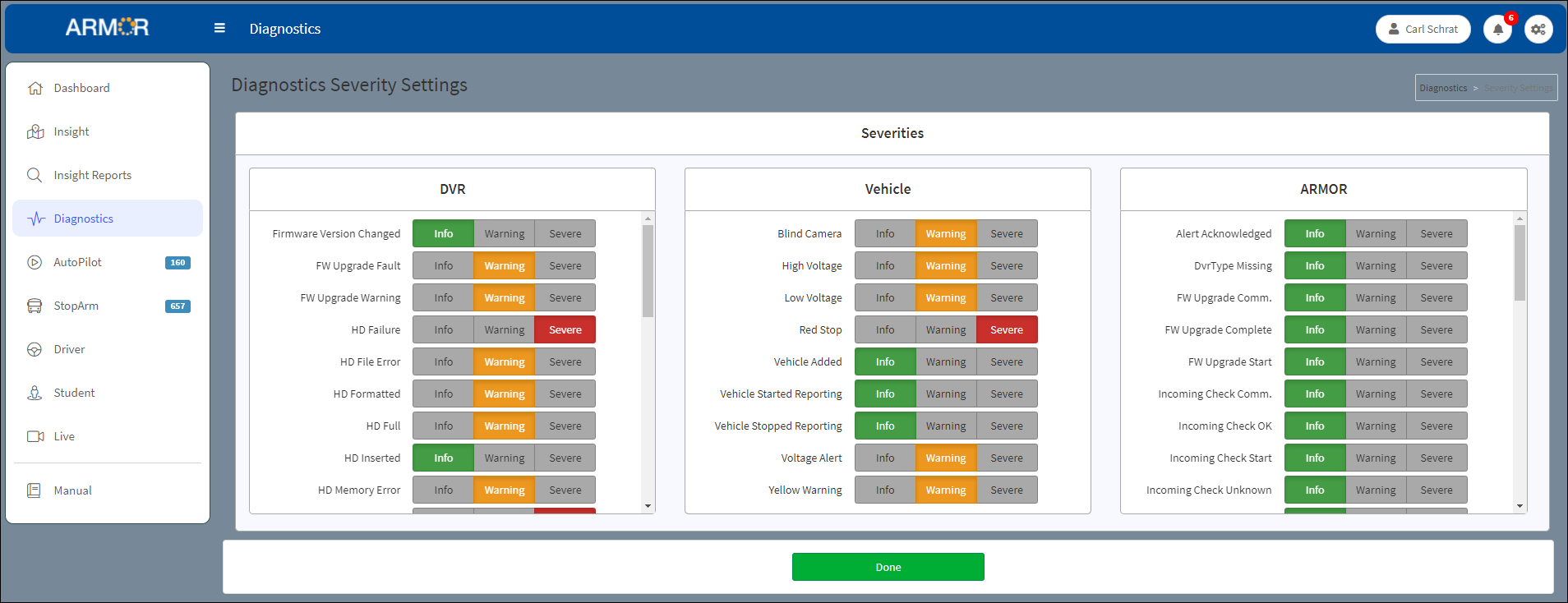 Diagnostics Severity Settings Window